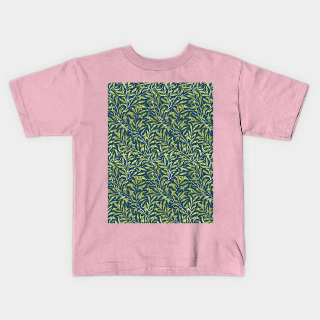 William Morris Willow Boughs Recolored Green on Blue Kids T-Shirt by tiokvadrat